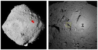 The region of the Hayabusa2 highest-resolution image (outlined in yellow), seen from afar. Left: A global image of Ryugu. Right: A photo taken on Sept. 21, 2018, from a height of 230 feet (70 meters).