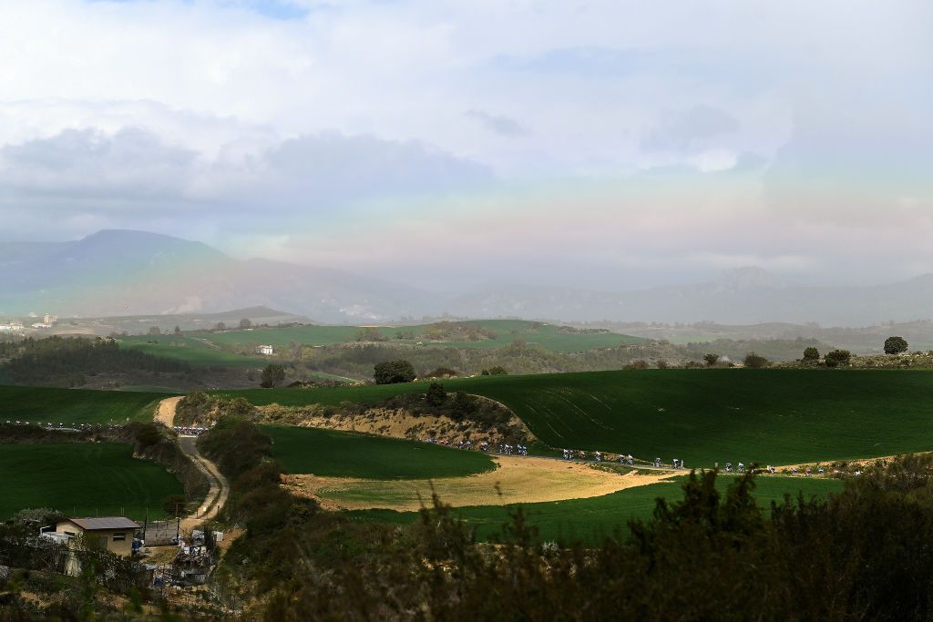 ESTELLA SPAIN APRIL 01 A general view of the peloton passing through a landscape during the 32nd Gran Premio Miguel Indurain 2023 a 2032km one day race from Estella to Estella GPIndurain on April 01 2023 in Estella Spain Photo by David RamosGetty Images