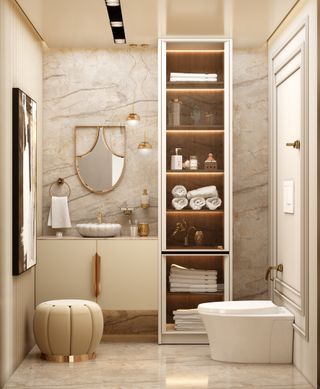neutral bathroom with open shelving by cafe latte