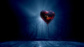 A heart shaped balloon hovers over a frozen lake in Emmerdale