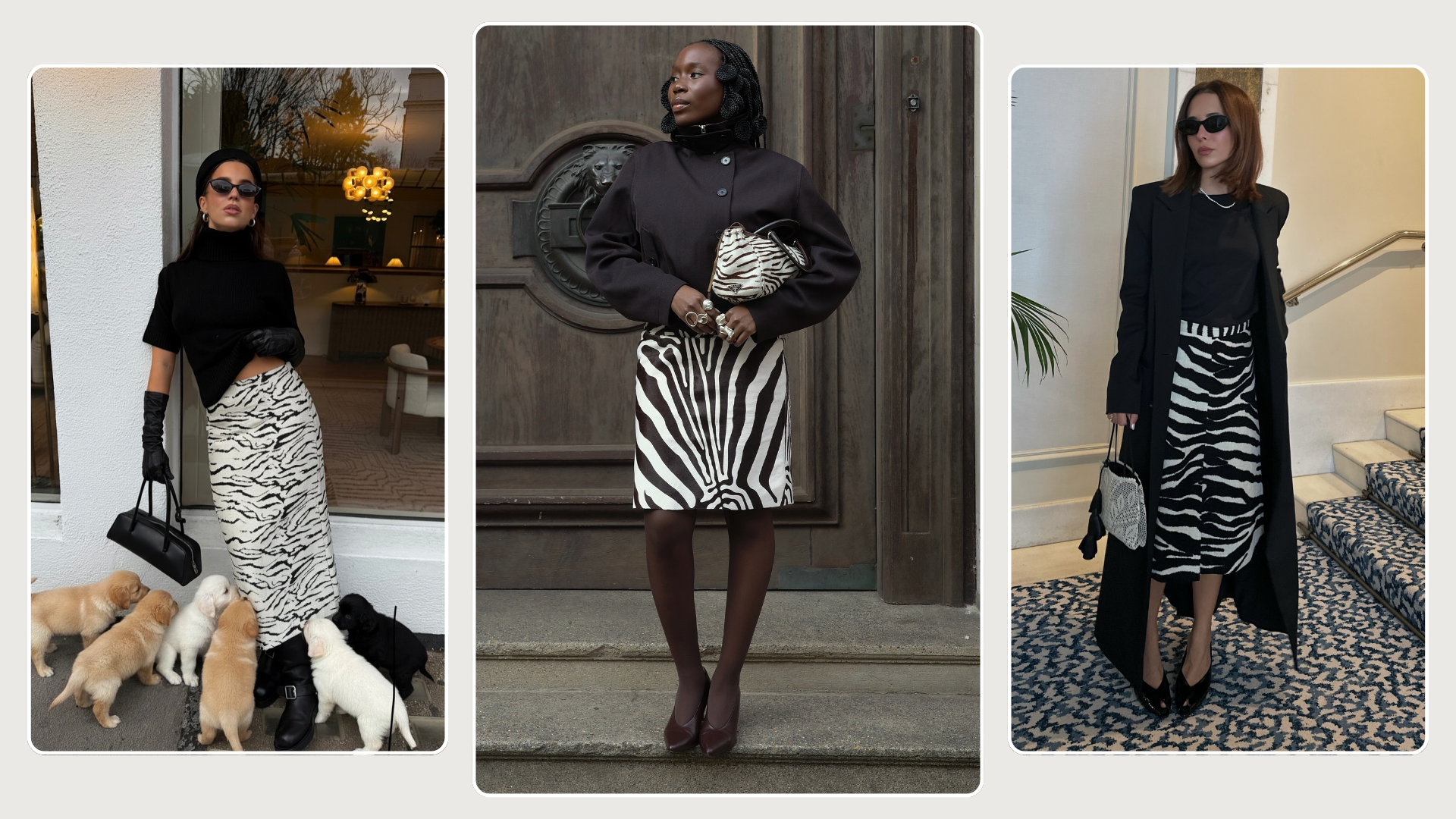 Three fashion people wear the zebra print skirt trend 2026. 