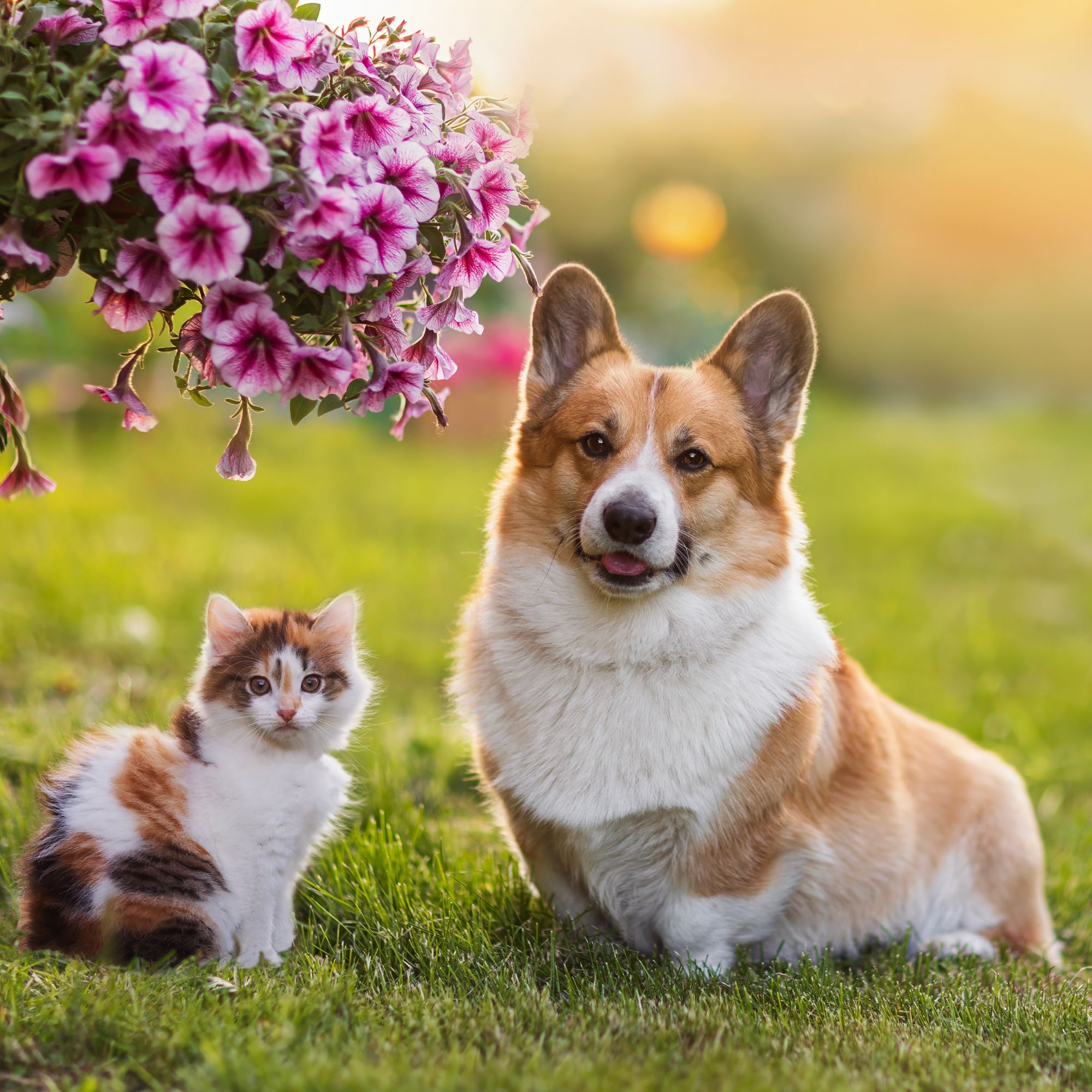 Pets! couple of furry friends kitten and corgi dog sitting in sunny blooming garden in spring