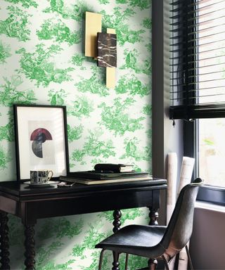 home office with green french decor toile wallpaper and black furniture