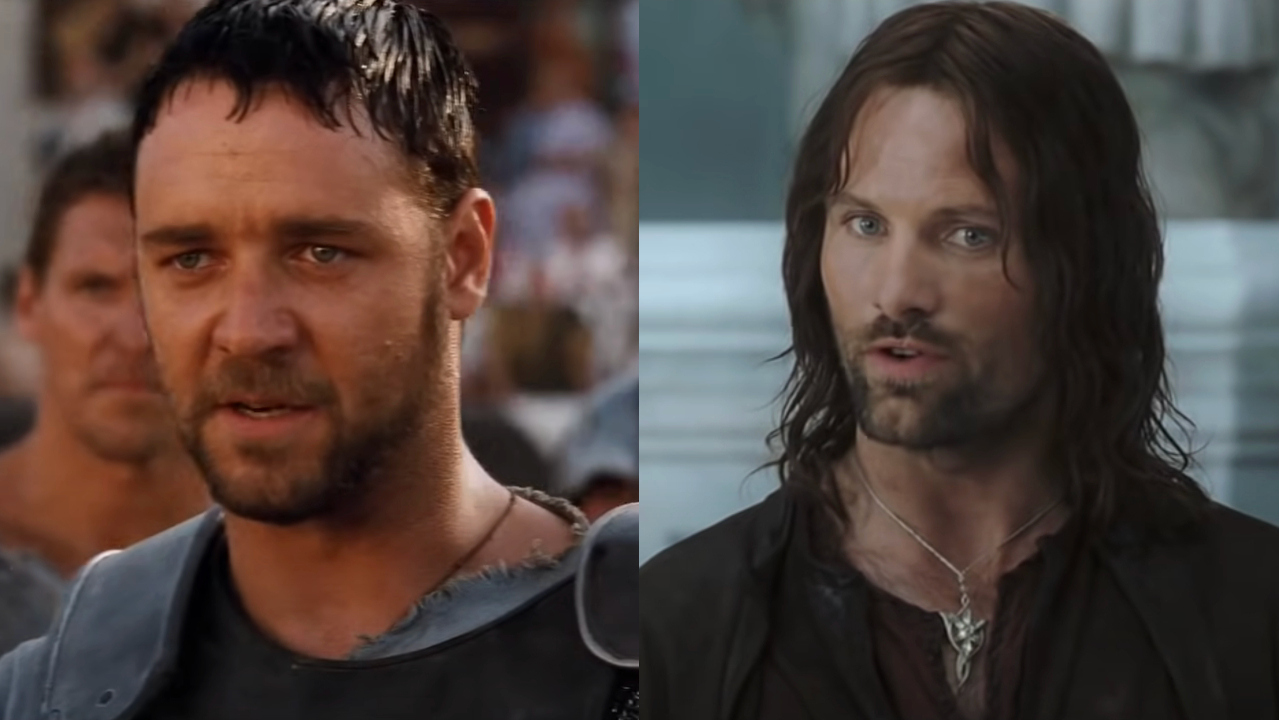 Russell Crowe stands defiantly in Gladiator, and Viggo Mortensen wears a look of resolve in The Lord of the Rings: Return of the King, pictured side by side.