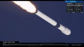 The SpaceX Falcon 9 rocket carrying the GPS III SV01 satellite soars toward space in this stunning view from a SpaceX webcast on Dec. 23, 2018.