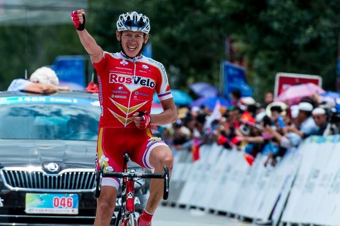 Timofey Kritskiy (RusVelo) celebrates his stage 7 victory