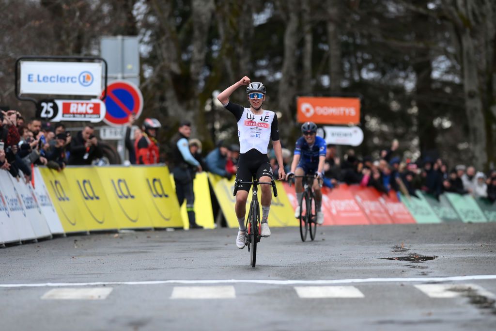 LA LOGE DES GARDES FRANCE MARCH 08 Tadej Pogacar of Slovenia and UAE Team Emirates celebrates at finish line as stage winner during the the 81st Paris Nice 2023 Stage 4 a 1647km stage from SaintAmandMontrond to La Loge des Gardes 1077m UCIWT ParisNice on March 08 2023 in La Loge des Gardes France Photo by Alex BroadwayGetty Images