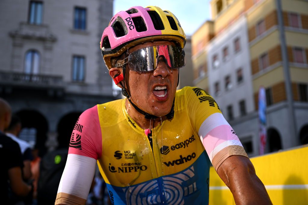 VARESE ITALY OCTOBER 03 Richard Carapaz of Ecuador and EF EducationEasyPost reacts after the 102nd Tre Valli Varesine 2023 a 19654km one day race from Busto Arsizio to Varese on October 03 2023 in Varese Italy Photo by Dario BelingheriGetty Images