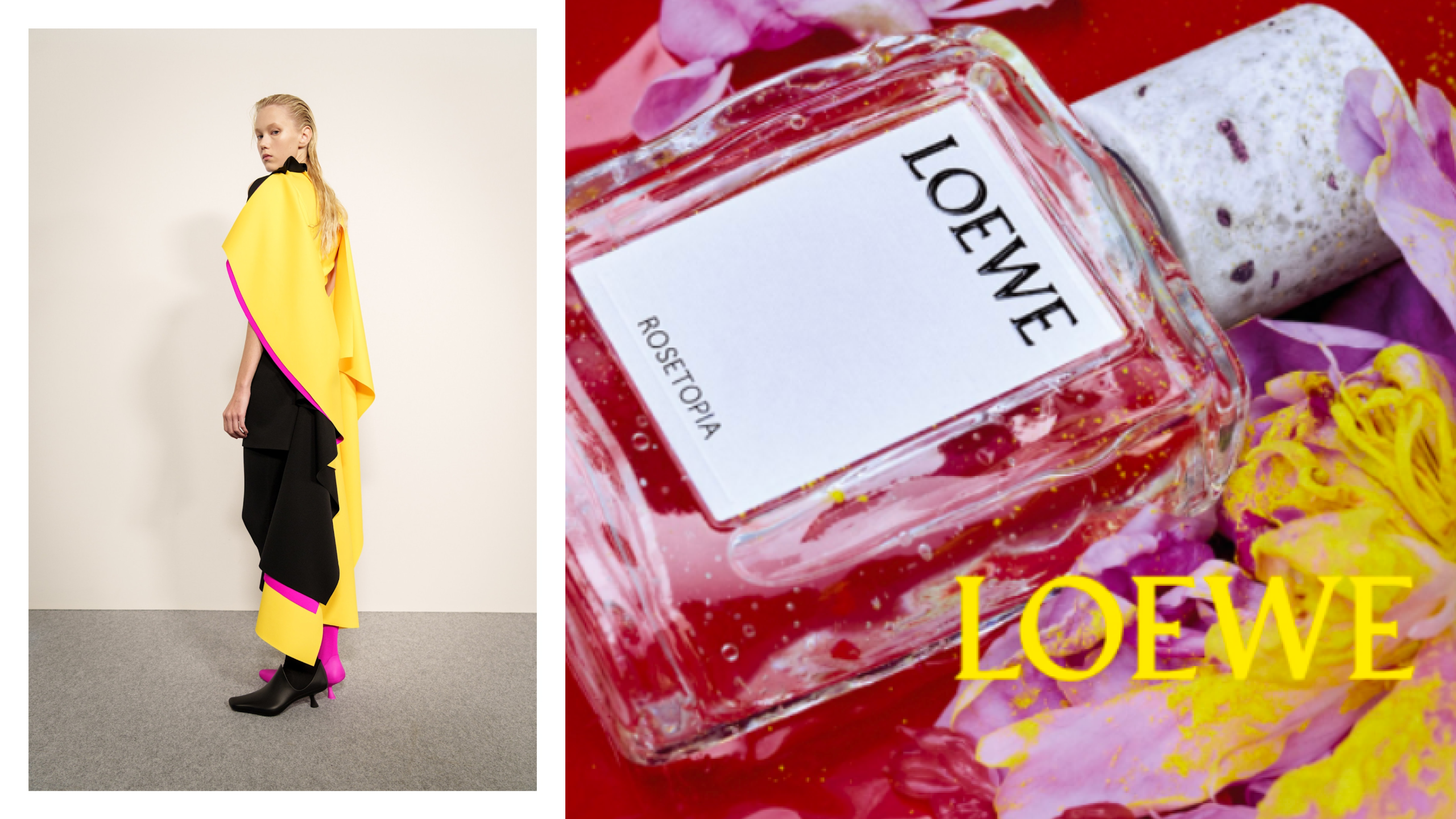 A model from the Loewe '26 show wearing a yellow, black, and pink colorblocked outfit and black boots. Next to a bottle of Loewe Rosetopia. 