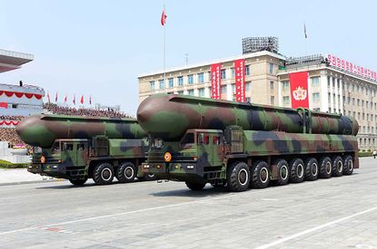 A North Korean photo of ballistic missiles being displayed in Pyongyang.