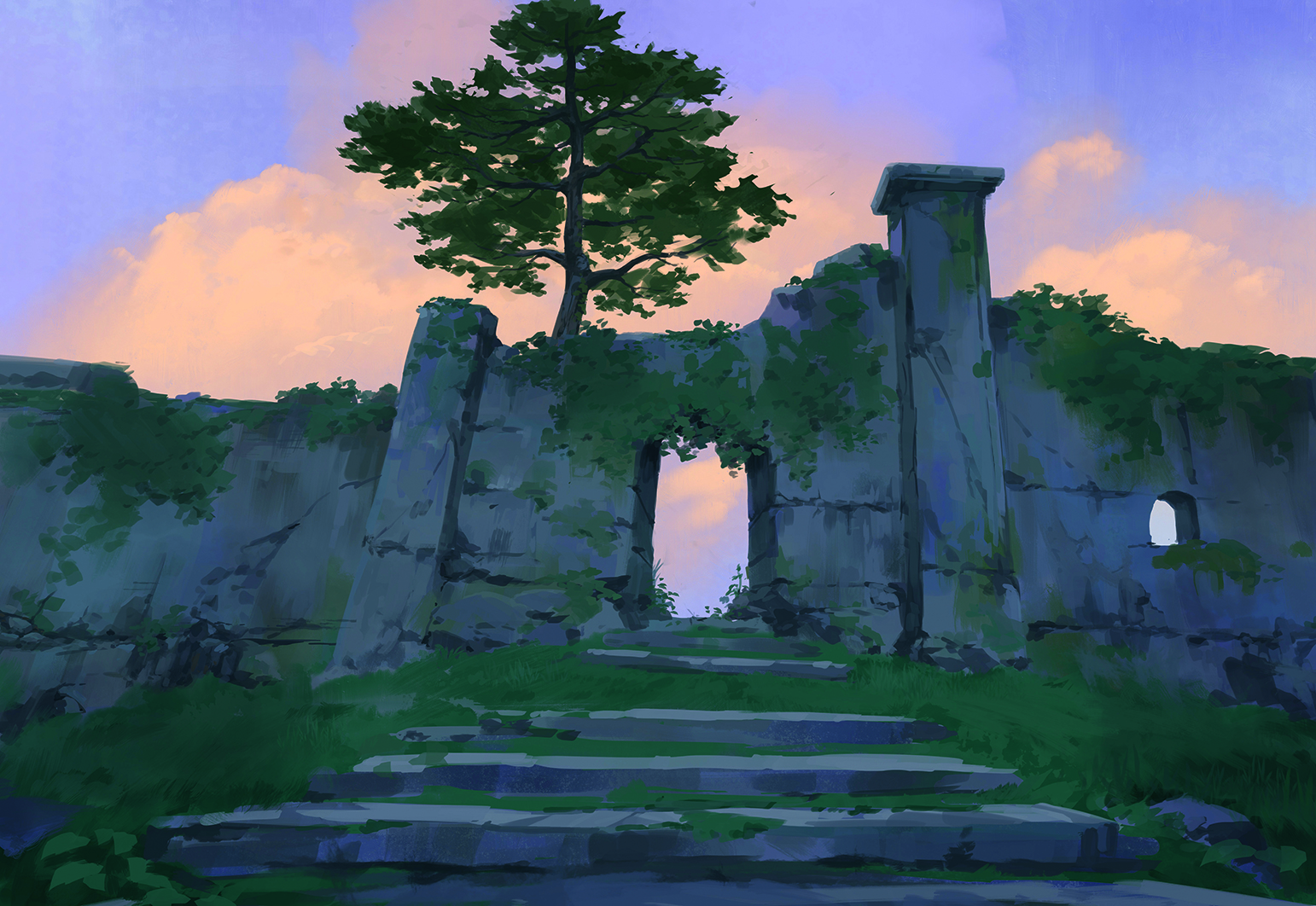 Digital art in progress from a matte painting tutorial