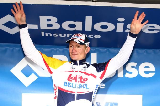 Stage 2 winner Andre Greipel (Lotto Belisol) on the podium