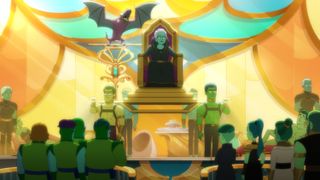 cartoon green-skinned humanoids talk to one another in an ornately decorated throne room