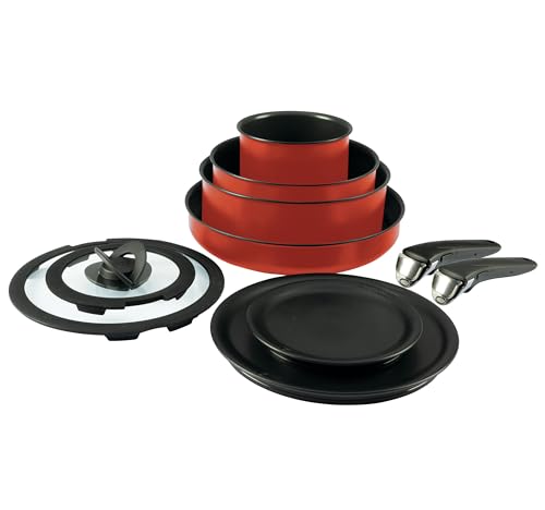 T-Fal Ingenio Nonstick Cookware Set 10 Piece, Induction, Oven Broiler Safe 500f, Cookware, Pots and Pans, Rv, Camping, Oven, Broil, Dishwasher Safe, Detachable Handle, Red