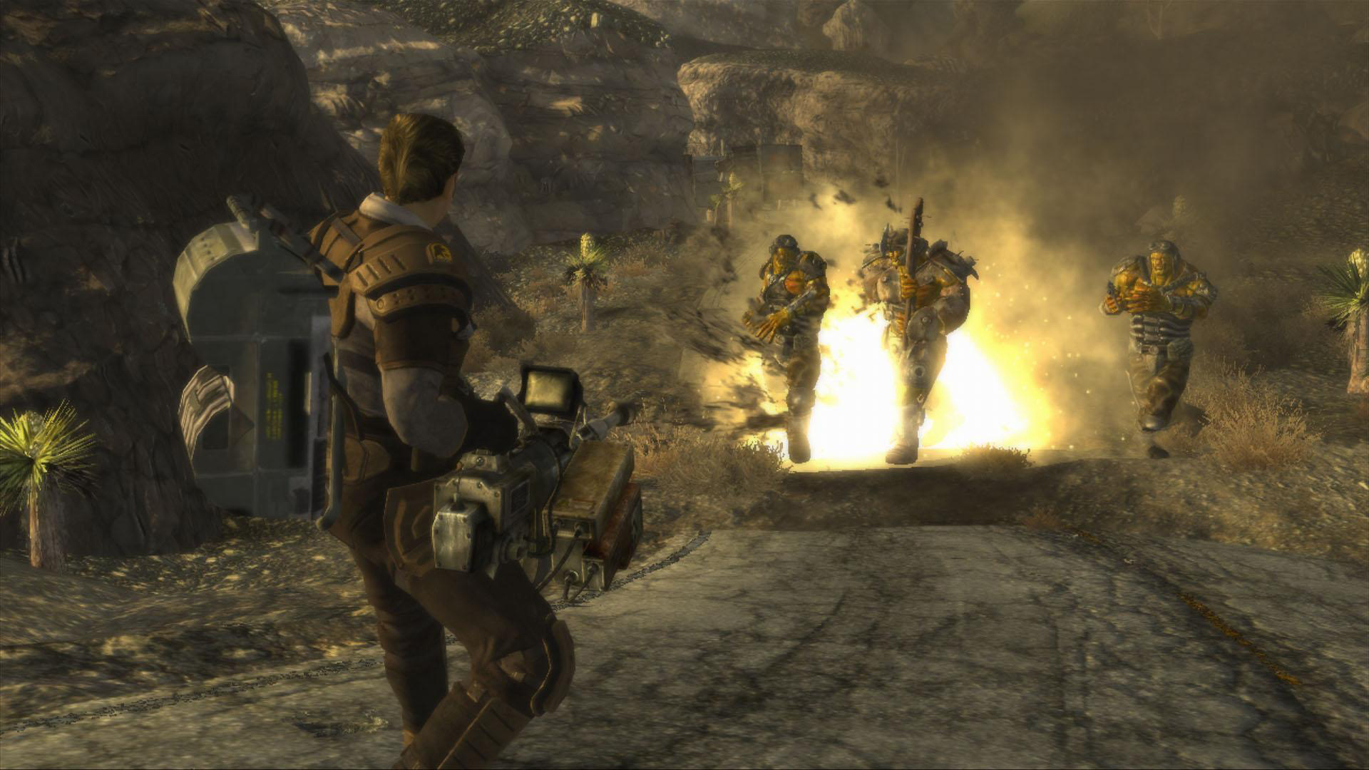 A player shooting a missle at three enmeies running towards them during the RPG Fallout: New Vegas.