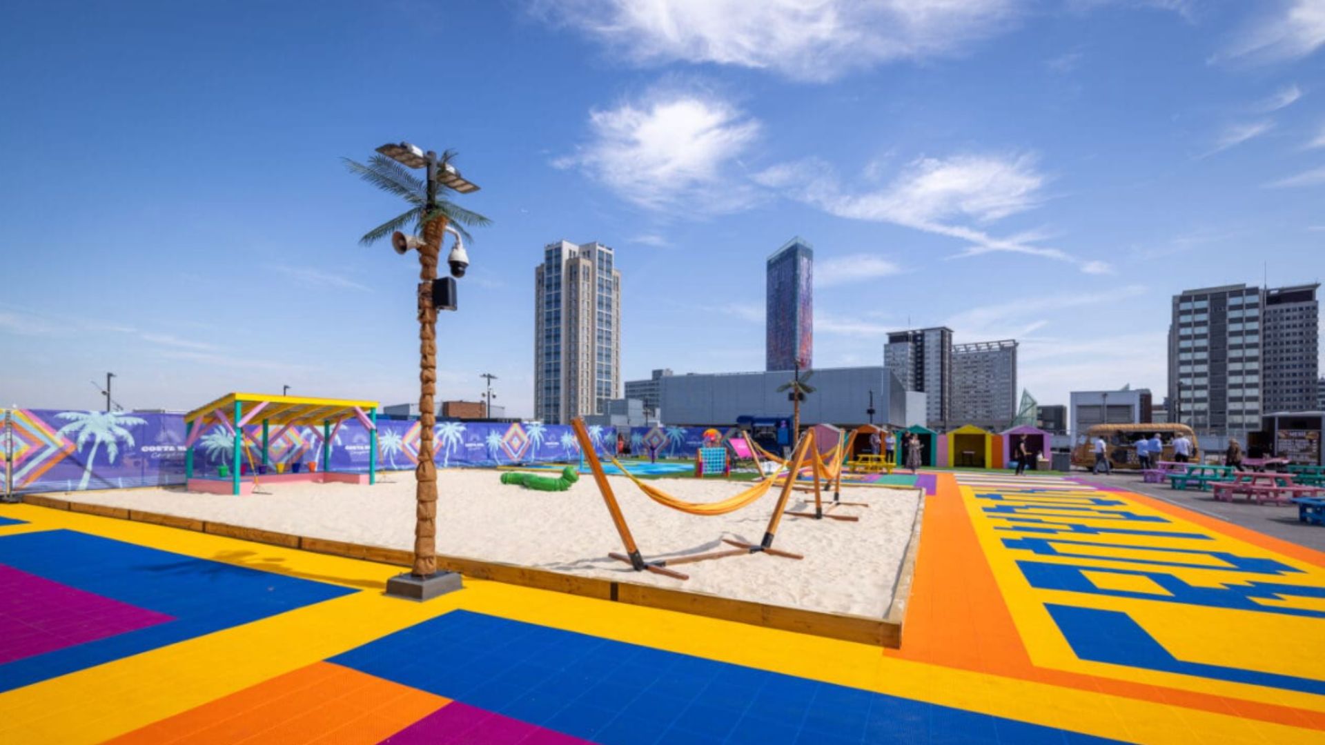 an image of the rooftop with the central beach adn surrounded by loungers and huts