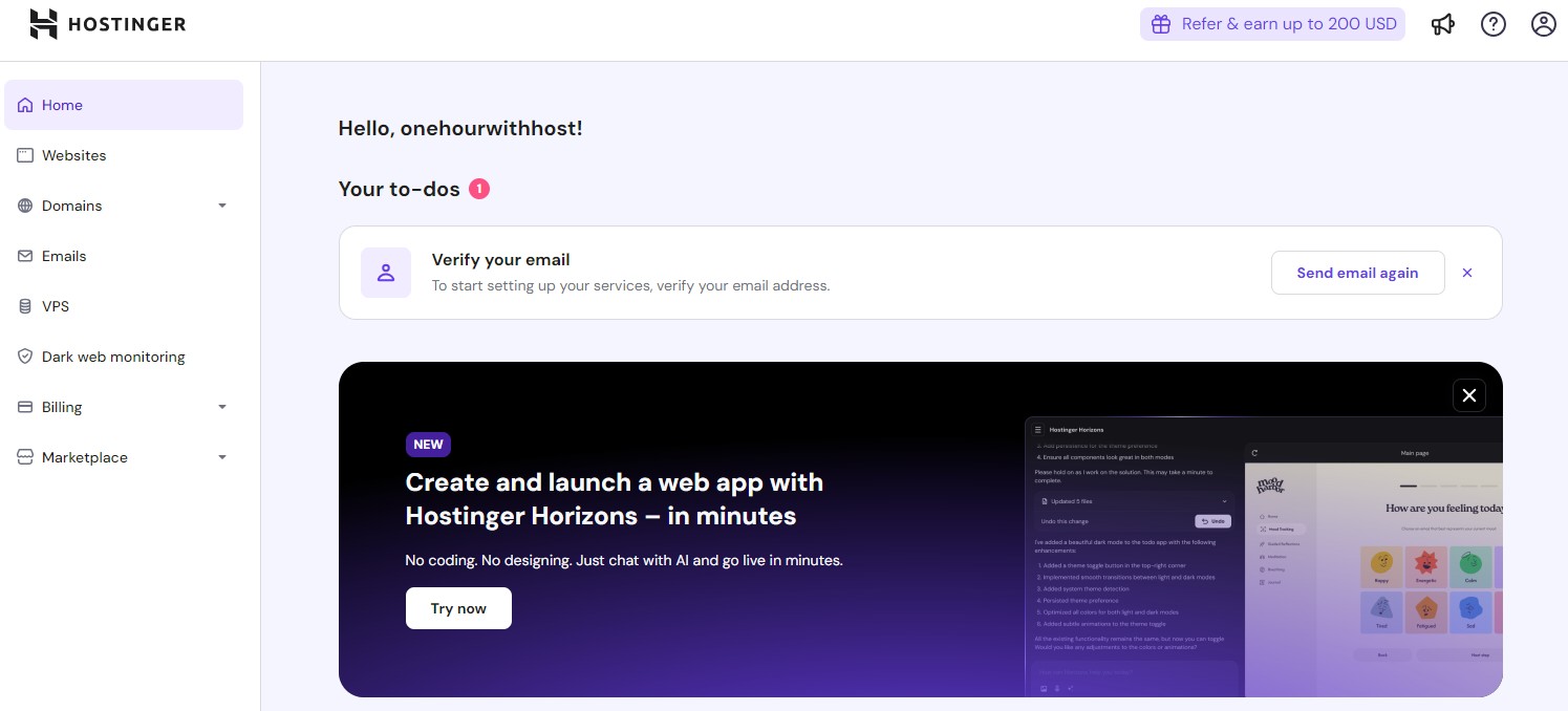 Hostinger's main dashboard