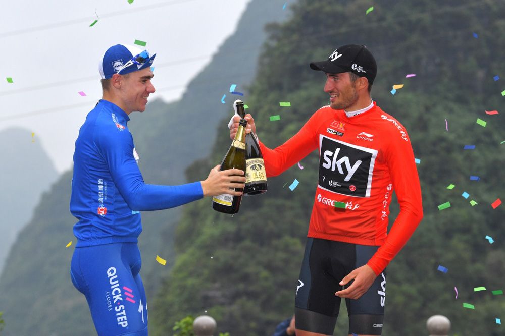 Gianni Moscon (Team Sky) celebrates with points competition leader and stage 3 winner Fabio Jakobsen (Quick Step Floors)