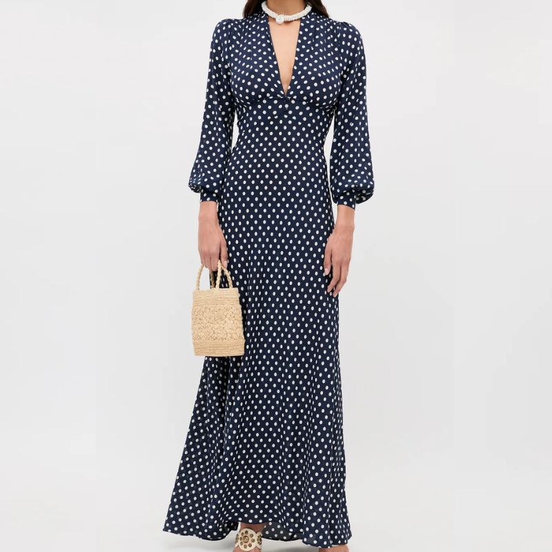Rixo, navy polka dot maxi dress