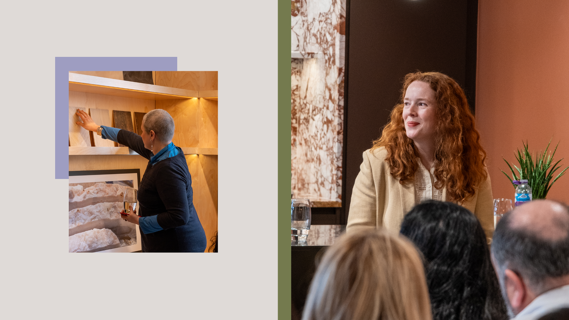 two shots next to each other. On the left, Elina Grigriou looks at surfaces. On the right, Camilla Roger sits on a stool smiling