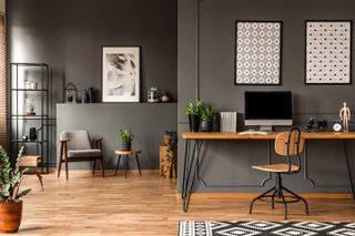 Patterned posters above desk with computer monitor in grey home office interior with plants