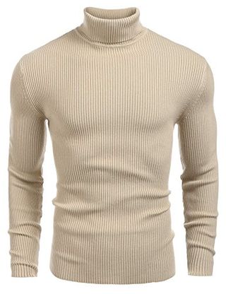 Coofandy Men's Ribbed Slim Fit Knitted Pullover Turtleneck Sweater Khaki Medium