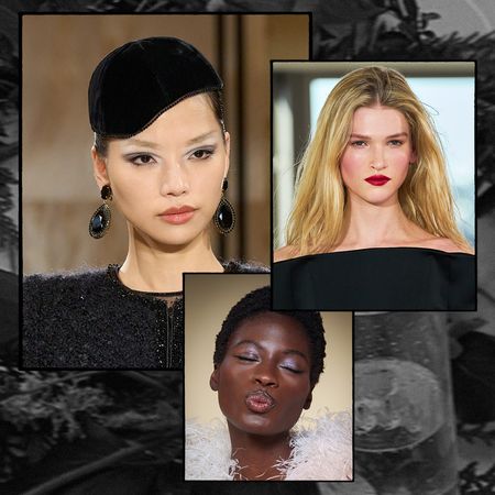 A collage of people in holiday-inspired makeup and hairstyles.