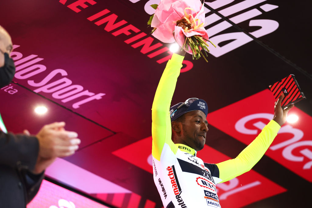 JESI ITALY MAY 17 Hailu Biniam Girmay of Eritrea and Team Intermarch Wanty Gobert Matriaux celebrates winning the stage on the podium ceremony after the 105th Giro dItalia 2022 Stage 10 a 196km stage from Pescara to Jesi 95m Giro WorldTour on May 17 2022 in Jesi Italy Photo by Michael SteeleGetty Images