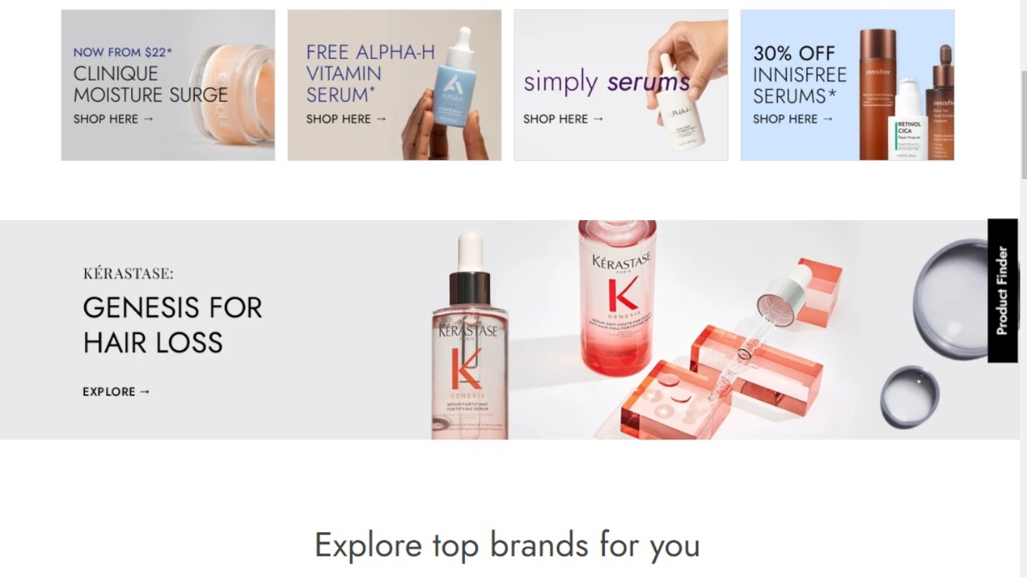 Screenshot of Adore Beauty home page with information about products including serums and products