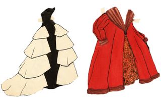 Paper doll drawings of dress and jacket