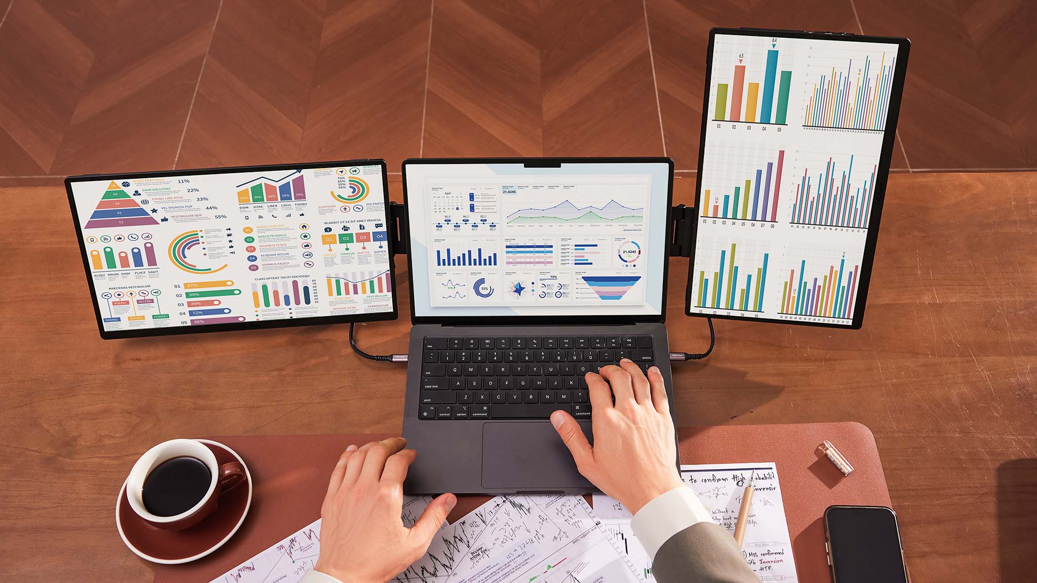 JSAUX FlipGo Horizon displaying graphs. One monitor is vertical, the other is horizontal.