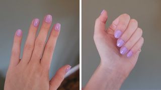 Two close-ups of Naomi Jamieson's purple nails whilst wearing the NAILKIND Plumping Top Coat