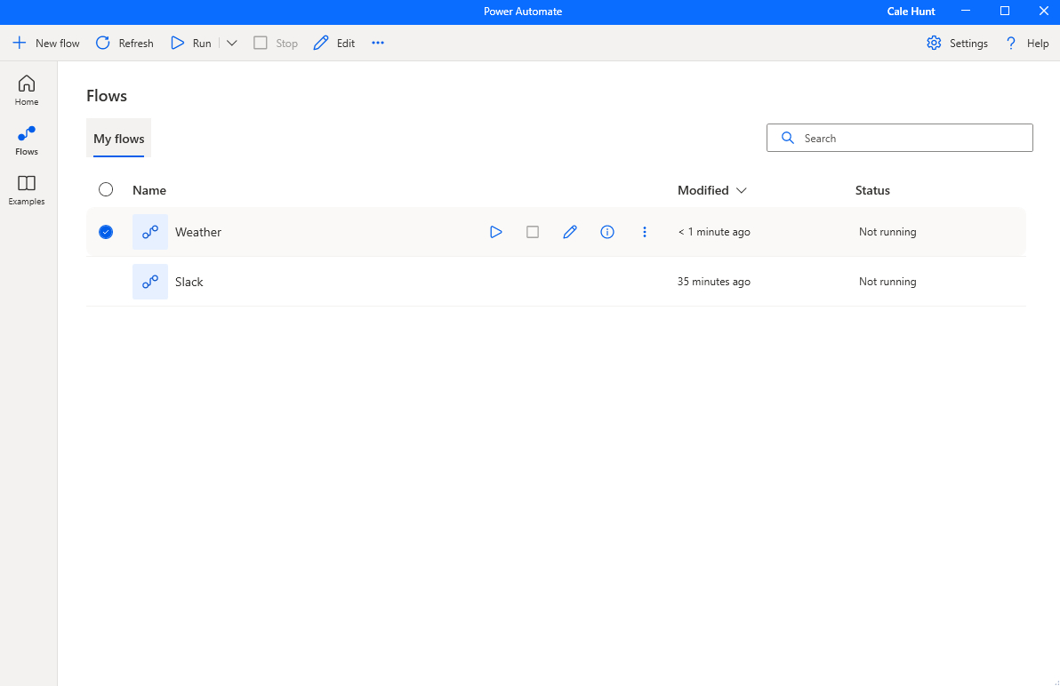 Power Automate window open and displaying "Flows," including one for Weather and one for Slack.