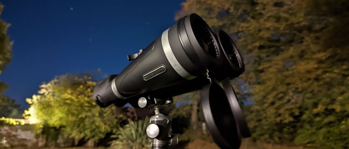 Celestron skymaster pro 20x80 Binoculars at night on a tripod