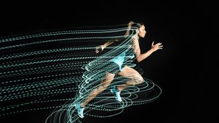 Woman running with stylized lines representing energy