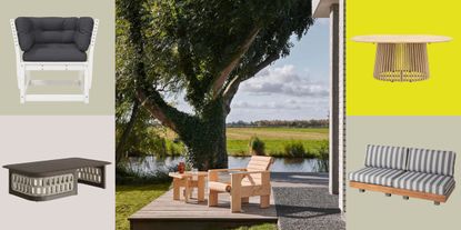 Wooden garden furniture pictured against a colorful checkered background