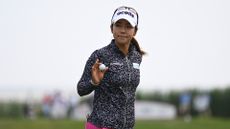 Jenny Shin of South Korea reacts to a putt on the seventh green during the first round of the ShopRite LPGA Classic presented by Acer at Seaview Bay Course on June 09, 2023 in Galloway, New Jersey.