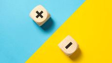Two wooden dice, one with a plus sign and one with a minus sign. 