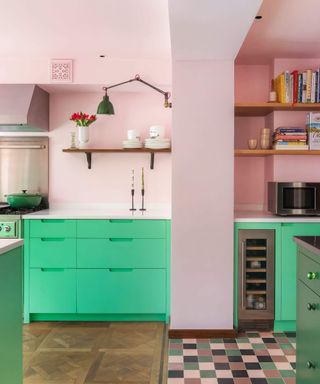 Remodelling a kitchen Pink and green kitchen paint color idea