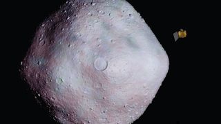 An artist's concept of the OSIRIS-REx spacecraft near asteroid 1999 RQ36.