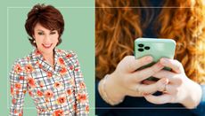 A photo of columnist Kathy Lette is superimposed over a photo of a woman using her smartphone