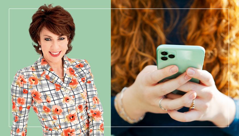 A photo of columnist Kathy Lette is superimposed over a photo of a woman using her smartphone