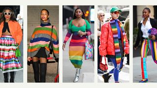 composite of street style images from nyfw of various people wearing rainbow stripes