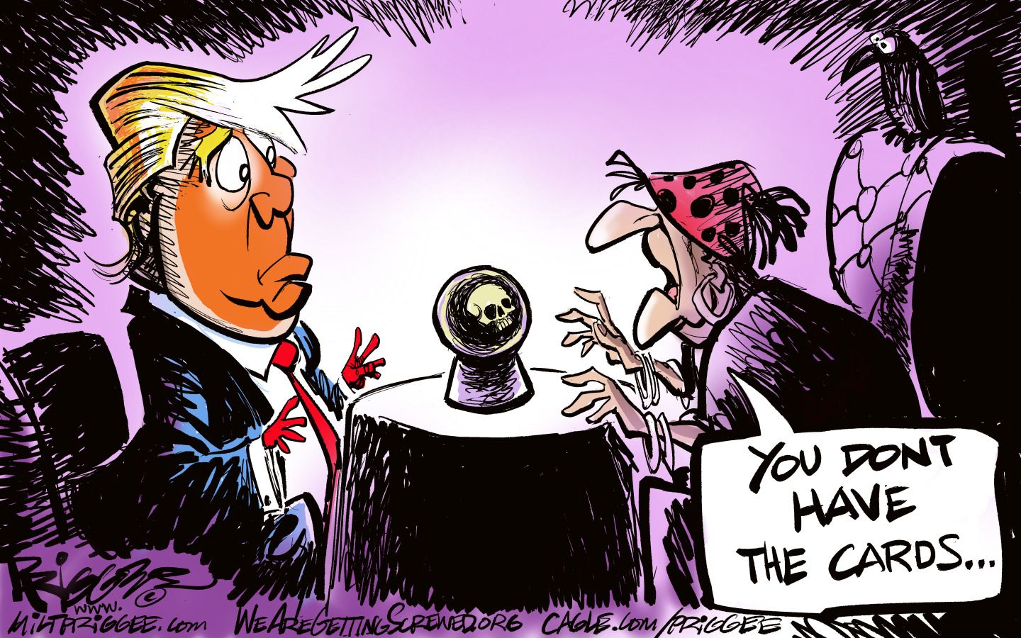 
                                This cartoon depicts a frightened Donald Trump consulting with a female psychic. She wears a bandana and looks like a witch. There’s a crystal ball on the table between them that displays a skull. The woman says, “You don’t have the cards…”
                            