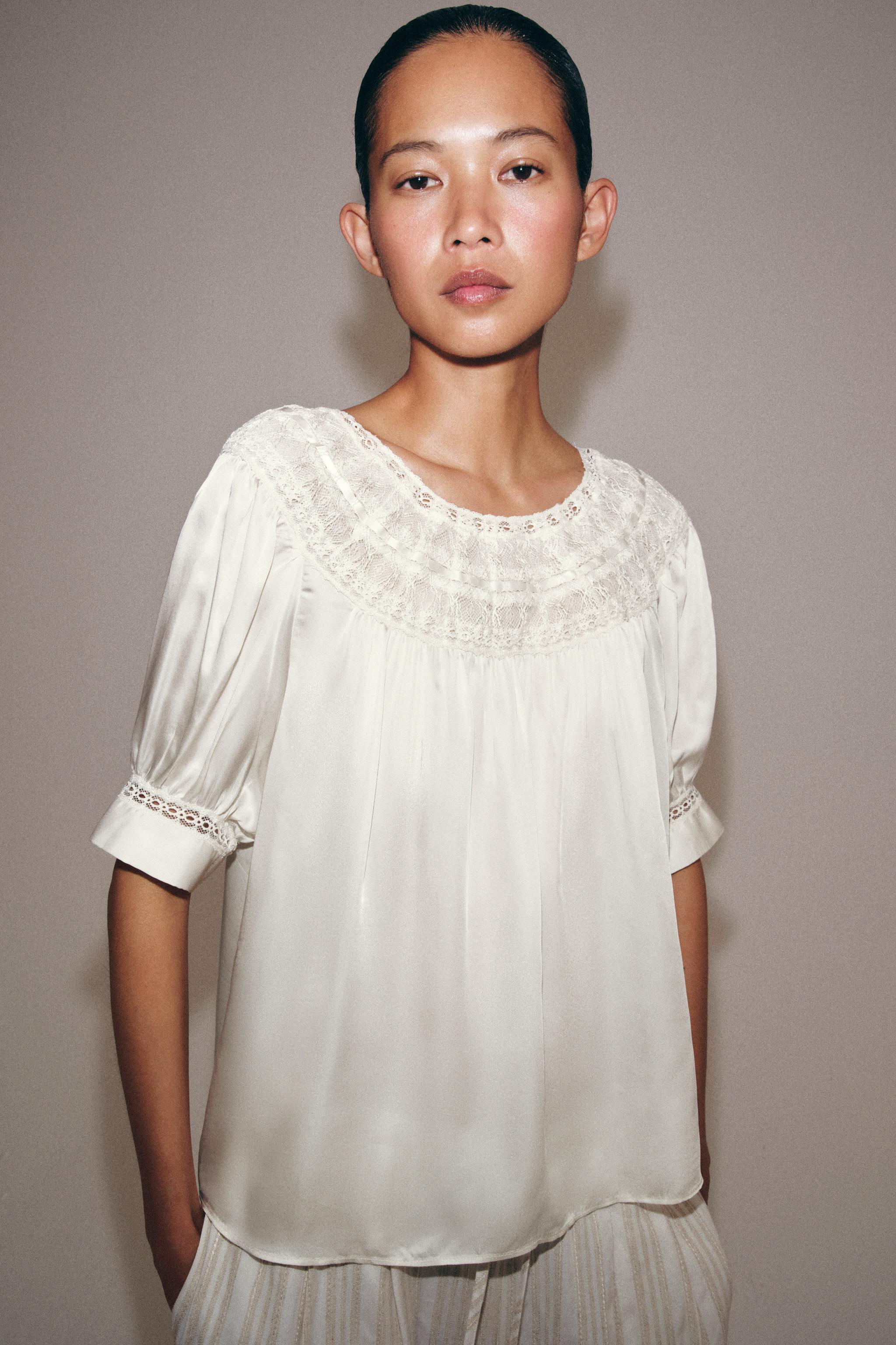 Zw Collection Short Sleeve Lace Blouse - White - Xs