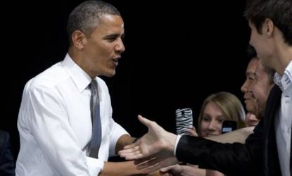 President Obama greets supporters as he arrives to speak at the University of Nevada, Las Vegas, on June 7: Obama leads GOP challenger Mitt Romney by 12 percentage points among 18- to 24-year
