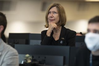 Kathy Lueders watches the docking of SpaceX’s Crew Dragon spacecraft with the International Space Station, on May 31, 2020, in firing room four of the Launch Control Center at NASA's Kennedy Space Center in Florida.