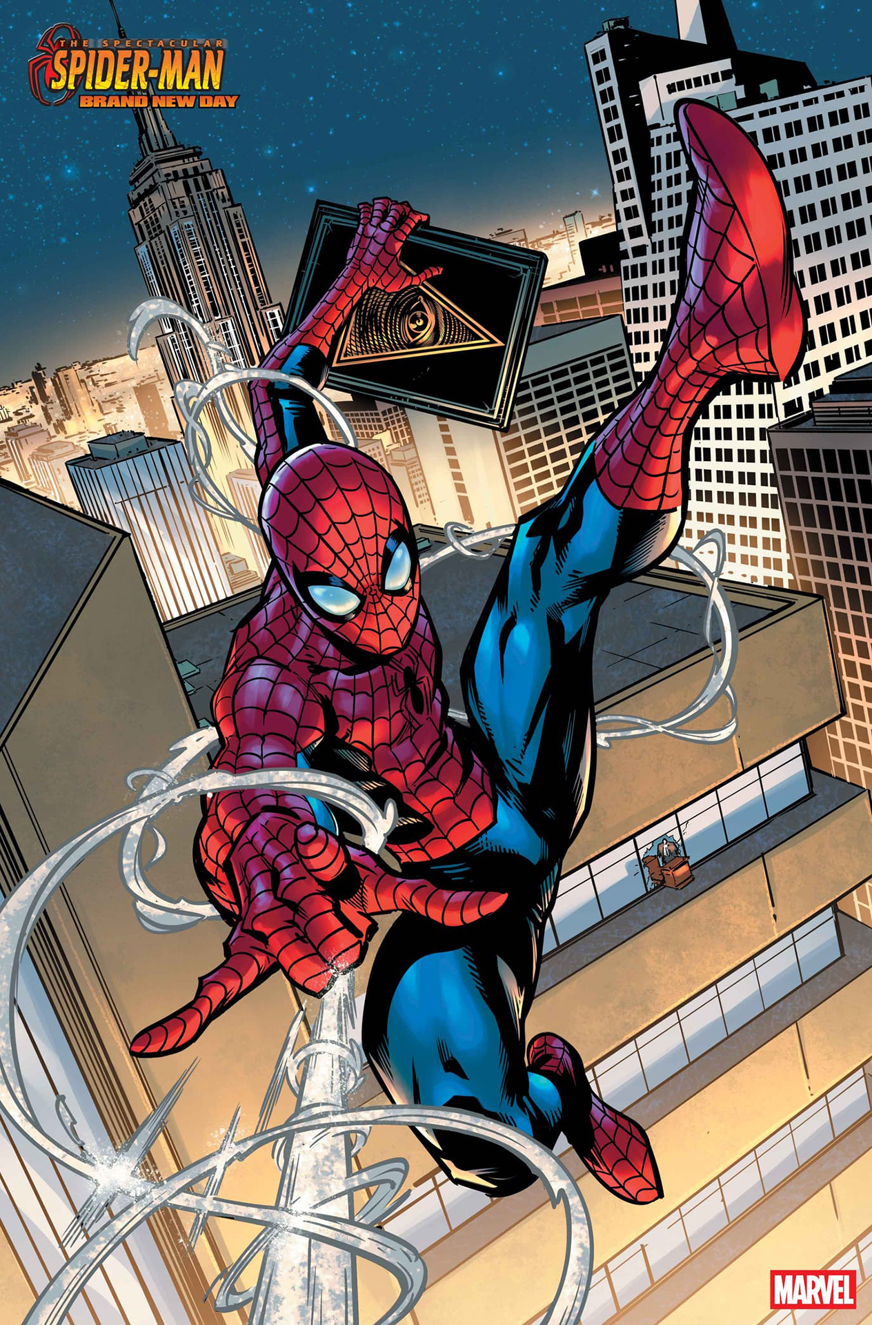 Spider-Man swinging through New York City