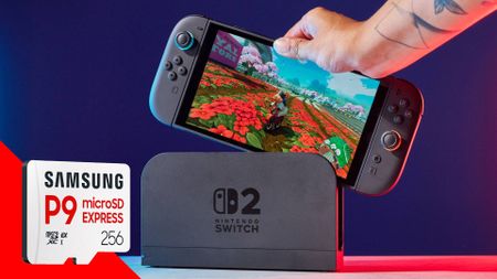 Samsung P9 microSD Express Card next to a Nintendo switch 2 console lit by RBG lighting