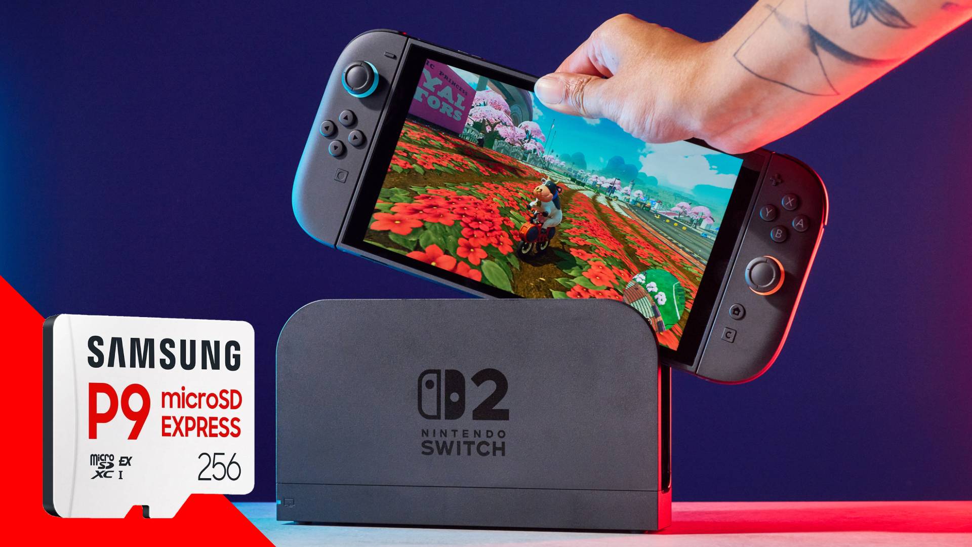 Samsung P9 microSD Express Card next to a Nintendo switch 2 console lit by RBG lighting